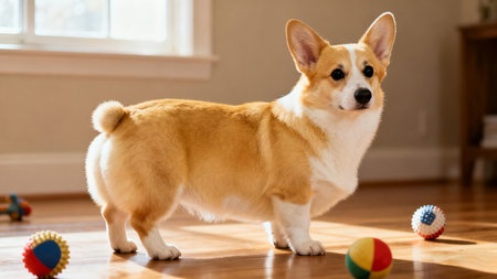 Welsh corgi dog stands on the floor and looks at the cameraの素材