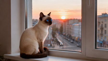 Siamese cat with blue eyes sitting on the windowsill at sunsetの素材