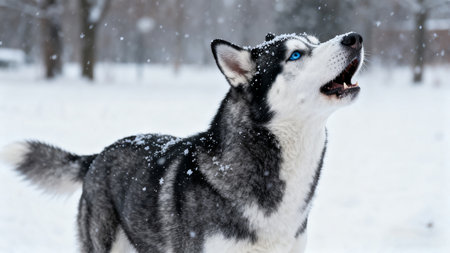 Siberian husky dog with blue eyes. Winter season.の素材