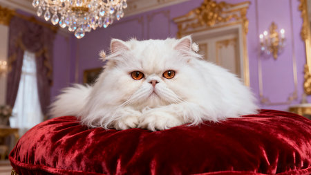 Persian cat lying on a red pillow in a luxurious interior.の素材