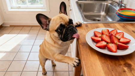 French bulldog eating strawberries in the kitchen at home. Healthy food concept.の素材
