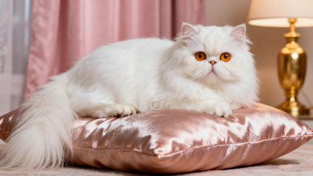 White persian cat with orange eyes on a pillow in the roomの素材