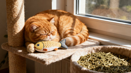 Cute ginger cat is sleeping on the windowsill with a toy fish.の素材