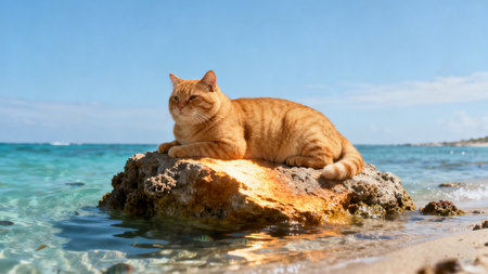 Ginger cat sitting on a rock in the sea. Focus on the catの素材