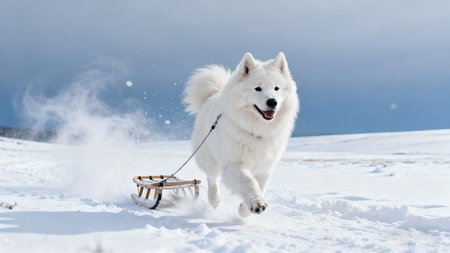 Samoyed dog running on snow with sledge in winter.の素材
