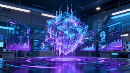 Futuristic hologram cube in front of a technological background. 3d renderingの素材