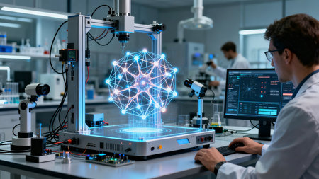 Man using 3D printed circuit board in laboratory. 3D renderingの素材