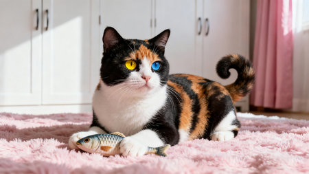 Tricolor cat with yellow eyes plays with a fish on the bedの素材