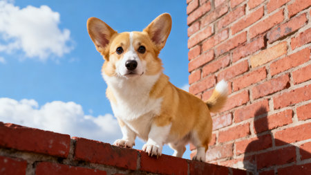 Welsh corgi pembroke dog standing on brick wallの素材