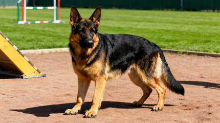 German shepherd dog in agility competition on a sunny day with green grassの素材