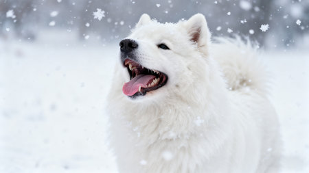 Cute Samoyed dog in the park during snowfall.の素材