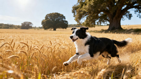 Funny portrait of border collie dog running in wheat field on sunny summer day. Funny pet in nature.の素材