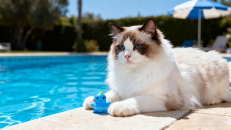 Siamese cat with blue eyes and a toy in the poolの素材