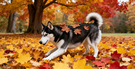 Siberian husky dog on the background of autumn leaves.の素材
