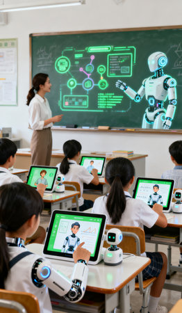 Group of students and teacher in the class using tablet computer with artificial intelligence in the classroomの素材