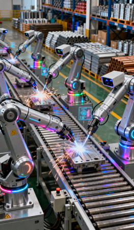 robotic arm with sparks on the conveyor belt in the factory.の素材
