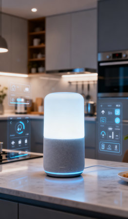 Modern white speaker on the counter in the kitchen. 3d renderingの素材