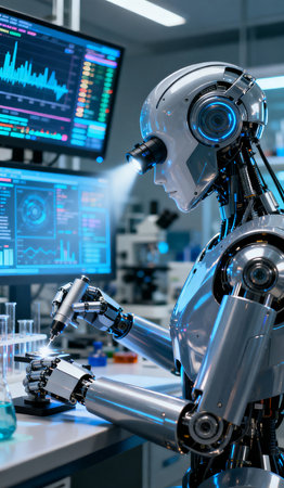 Robot working in modern laboratory, artificial intelligence concept. 3d renderingの素材