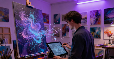 Young man painting on canvas in art studio using tablet computer and graphics tablet.の素材