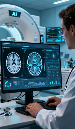 Doctor looking at x-ray image on computer monitor in medical officeの素材