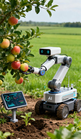 Robot working in apple orchard. Artificial intelligence and machine learning concept.の素材