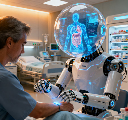 Mature man looking at hologram of male patient with x-ray. Medicine and healthcare conceptの素材