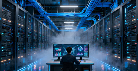 Rear view of businessman sitting in server room and looking at computer screen.の素材