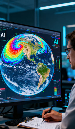 Side view of young man in eyeglasses working on computer while sitting at desk in officeの素材