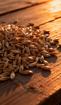 Wheat grains on a wooden board in the rays of the setting sunの素材