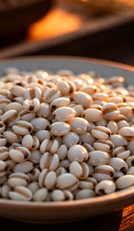 Millet grains in a plate on a wooden table. Selective focus.の素材