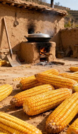 Cobs of corn on the cob with a cauldron in the backgroundの素材