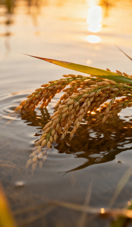 Ears of rice in the water. Selective focus and shallow depth of field.の素材