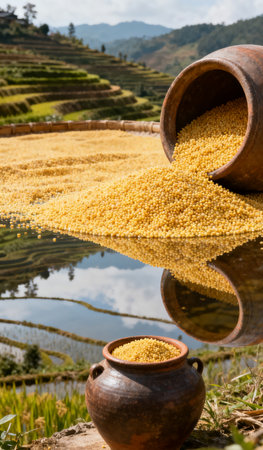 millet grains in clay pots on rice field with reflection in waterの素材