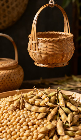 Soybean pods in a basket and soy beans in a basketの素材