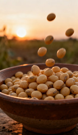 Soybean in a bowl on the ground with sunset background.の素材