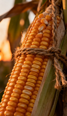 Ripe corn on the cob ready for harvest in the field.の素材