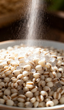Millet in a bowl on a wooden table, close-upの素材