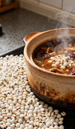 Beans soup in a pot on the kitchen table, stock photoの素材