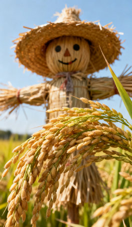 Close up of a scarecrow in the rice field on a sunny dayの素材