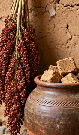 Sugar cubes with red fruits in a clay pot on a brick wall backgroundの素材