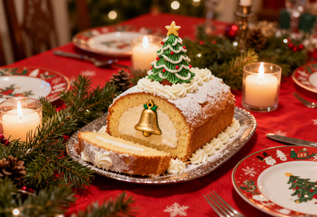 Christmas cake with a Christmas tree on the background of a Christmas tableの素材