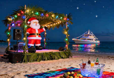 Santa Claus on the beach at night with Christmas lights and a cruise shipの素材