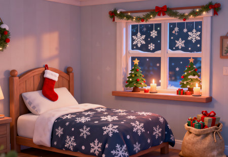 Bedroom with Christmas tree, presents and fireplace. 3d renderの素材