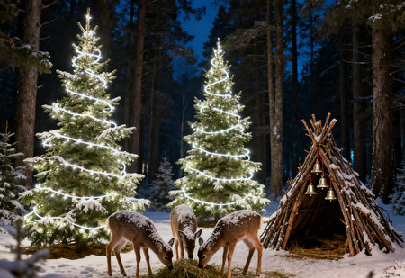 White deer in the forest at night with a Christmas tree and a hutの素材
