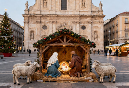 Christmas nativity scene in Piazza della Signoria square in Florence, Italyの素材