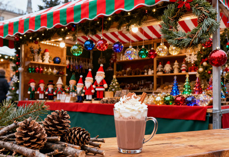 Hot chocolate with whipped cream on wooden table at Christmas market in Germanyの素材