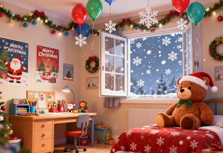 Christmas room interior with Christmas tree, presents and toys. 3d renderの素材