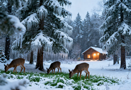 Beautiful winter landscape with deer in the forest and wooden house.の素材