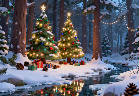 Winter landscape with Christmas tree, lights and snowflakes in the forestの素材