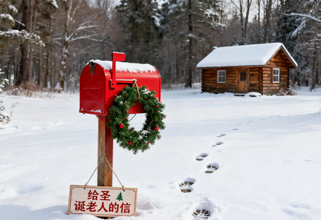 Red mailbox with a Christmas wreath in front of a wooden houseの素材